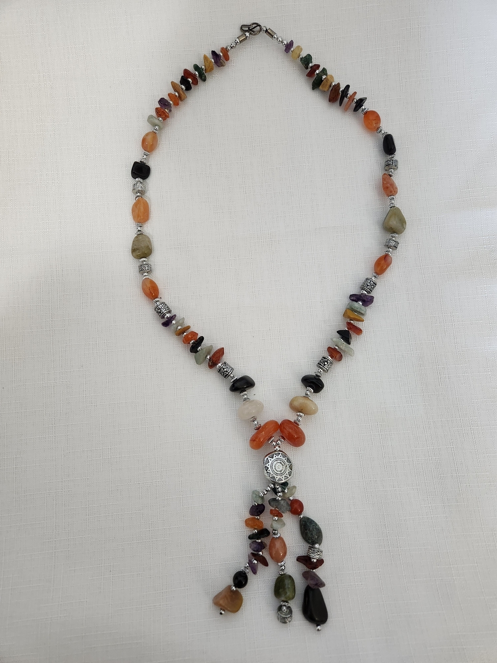 Bohemian Multicolor Gemstone And Silver Beaded Tassel Necklace